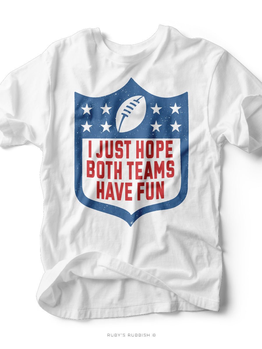 I Just Hope Both Teams Have Fun | Blue + Red Shield T-Shirt | Ruby’s Rubbish®